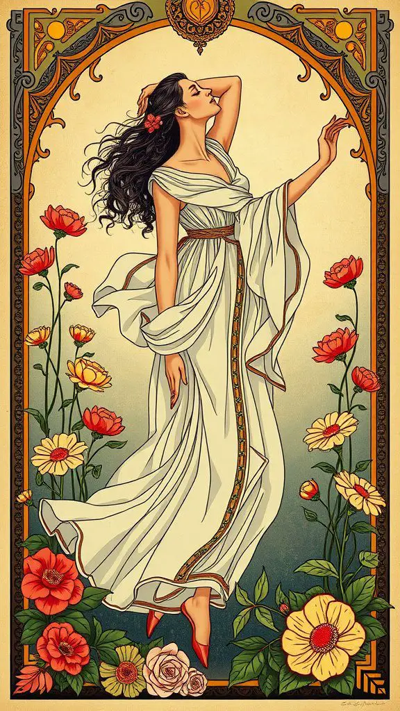 Art nouveau poster featuring a dancing woman surrounded by colorful flowers
