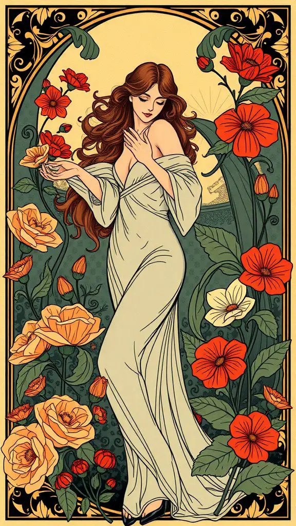Art Nouveau poster featuring a graceful woman surrounded by colorful flowers