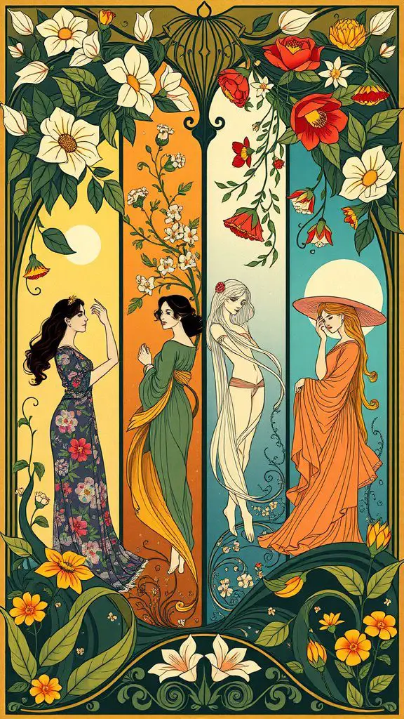 Art nouveau poster depicting women representing the four seasons surrounded by flowers.