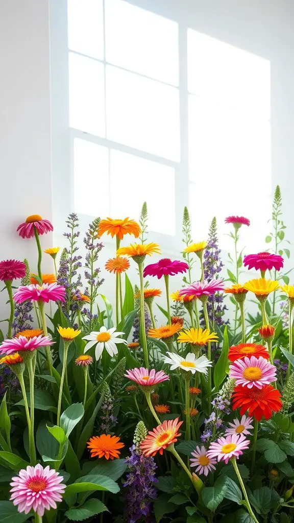 A vibrant arrangement of flowers with a hint of sunlight filtering through a window.