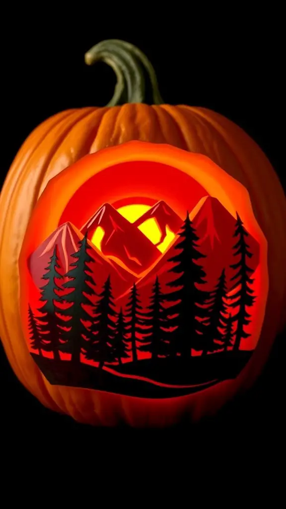 A carved pumpkin featuring a nature landscape with mountains and trees illuminated by a warm glow.