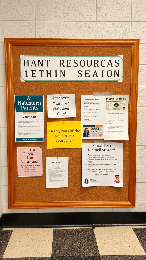 A bulletin board displaying various announcements and volunteer opportunities for parents at a school.