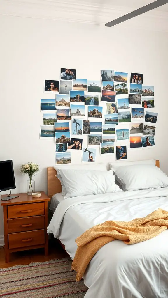 A bedroom with a photo collage of travel memories on the wall, showcasing various scenic views and personal moments.