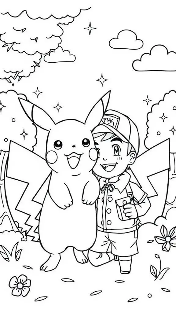 A black and white illustration of Pikachu and Ash standing together in a park, surrounded by trees and flowers.
