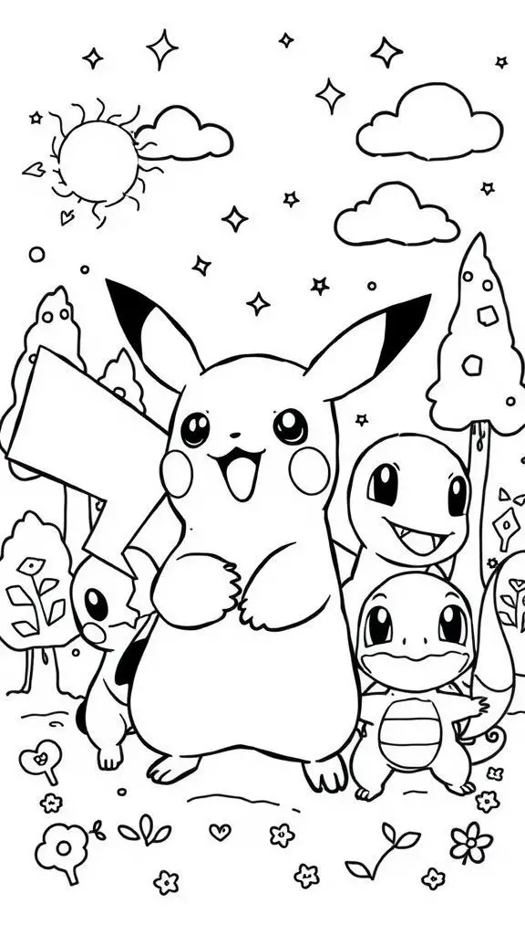 Pikachu and friends coloring page featuring Pikachu, Squirtle, and Charmander in a cheerful setting