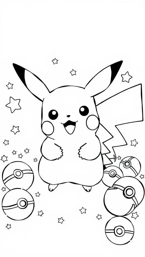Pikachu coloring page with Poké Balls and stars