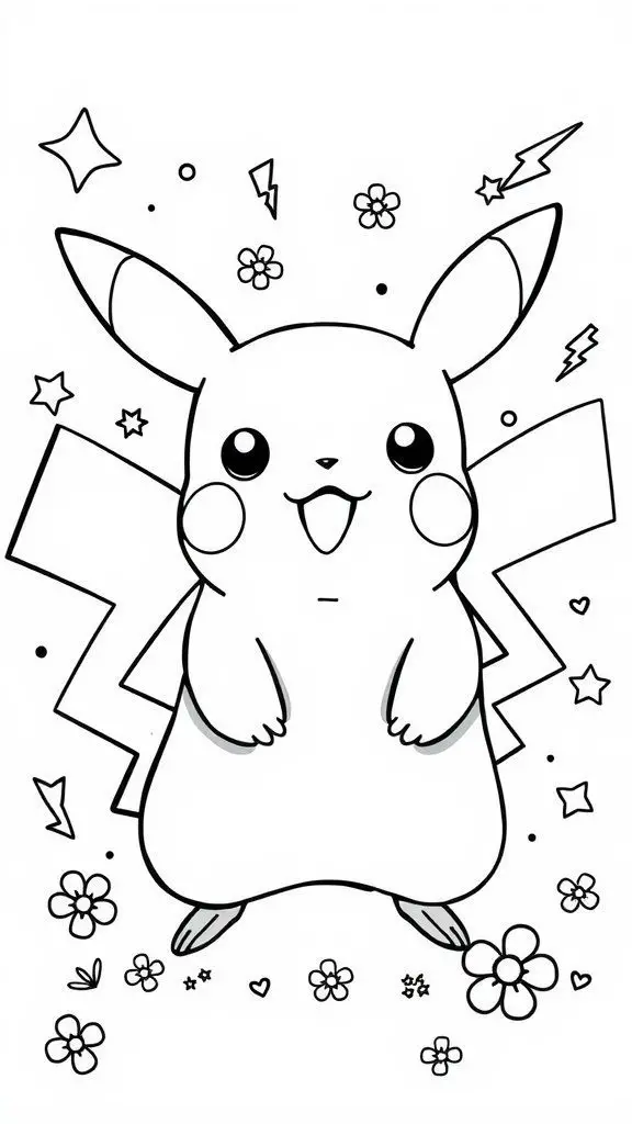 A black and white outline of Pikachu with stars and flowers for coloring