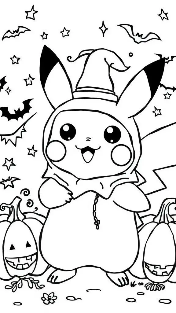 Pikachu dressed in a wizard hat with pumpkins and bats, Halloween themed coloring page