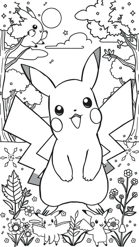 A black and white coloring page featuring Pikachu surrounded by flowers and trees.