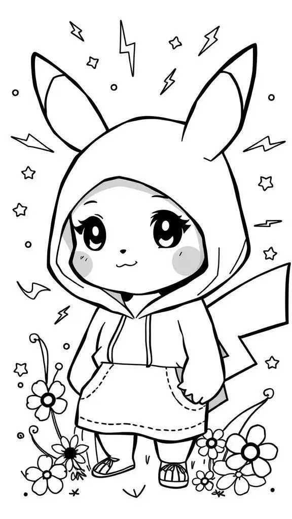 A cute Pikachu girl character in a hoodie, surrounded by flowers and stars, ready for coloring.