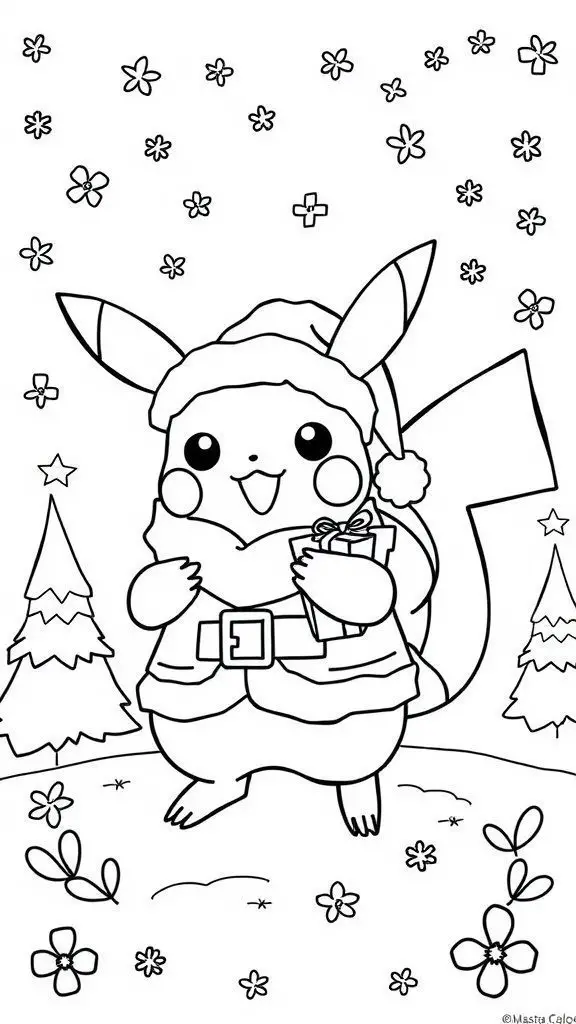 A black and white coloring page featuring Pikachu dressed as Santa Claus, smiling and holding a gift in a snowy landscape.