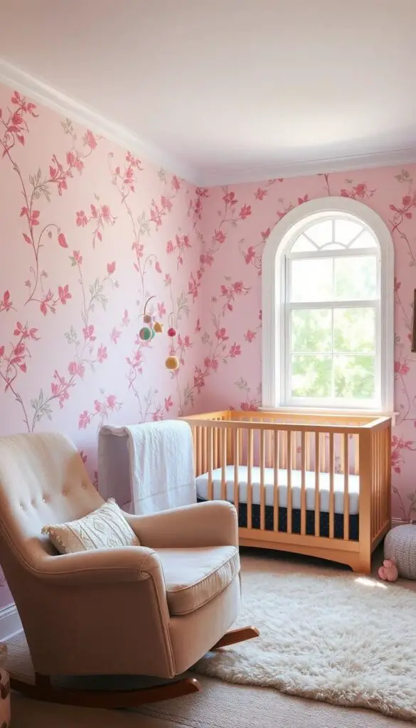 pink preppy wallpaper in a nursery