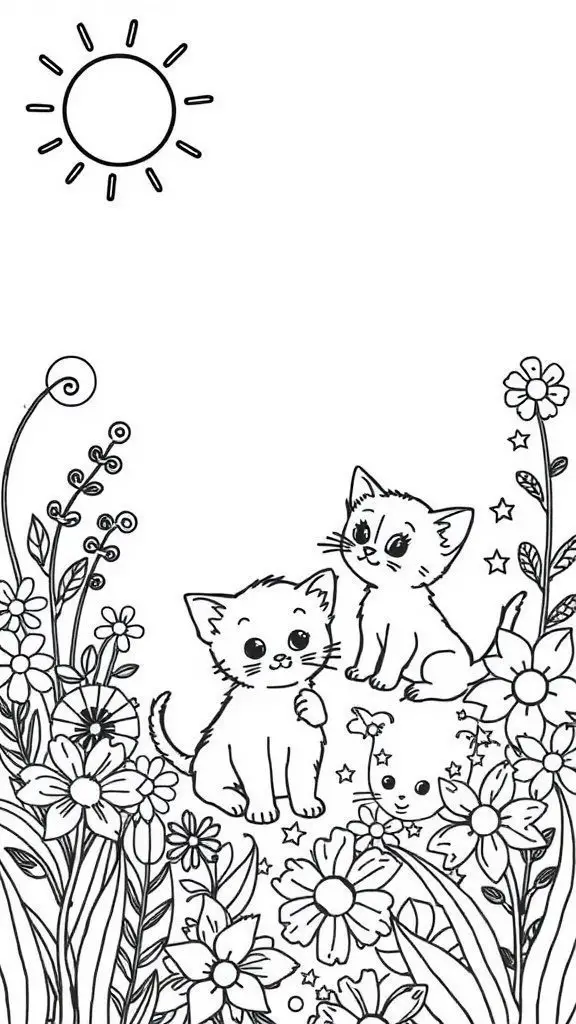 Coloring page of playful kittens in a garden with flowers and sun