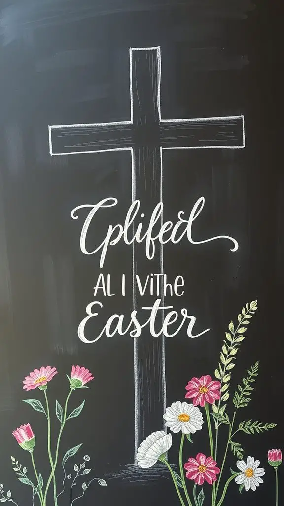 Chalkboard art featuring a cross and flowers celebrating Easter.