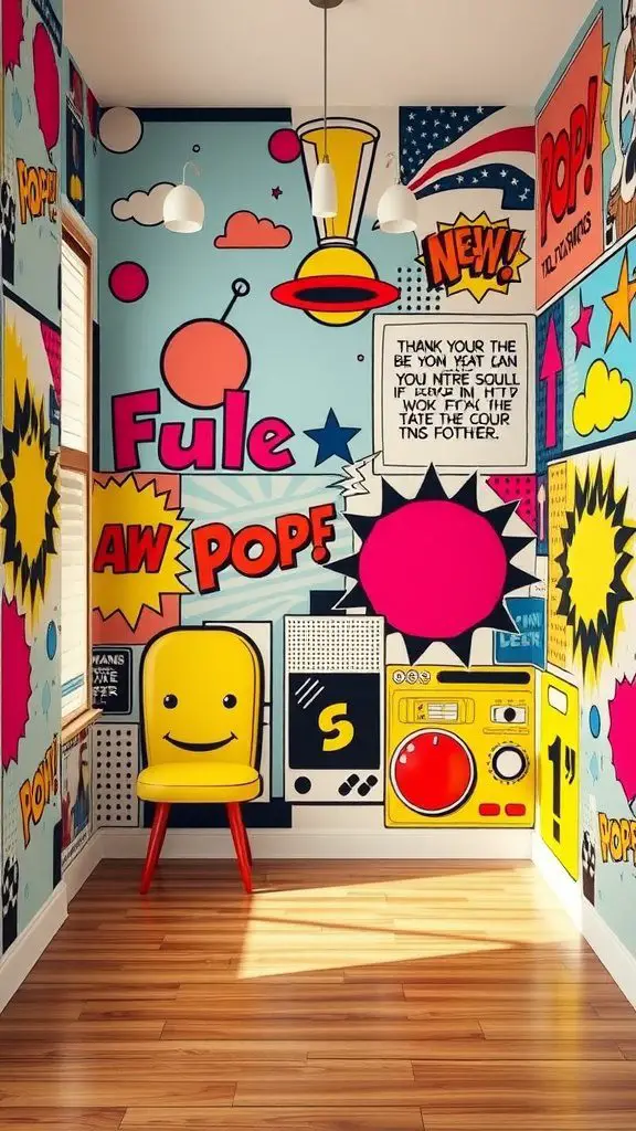 A room with retro pop art wallpaper featuring bright colors, playful designs, and a cheerful yellow chair.