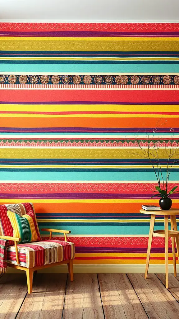 Living room with retro stripes wallpaper and a colorful striped chair.