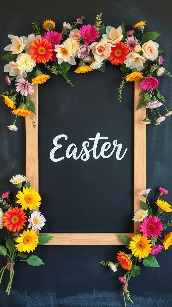Chalkboard art framed with colorful flowers, displaying the word 'Easter'.