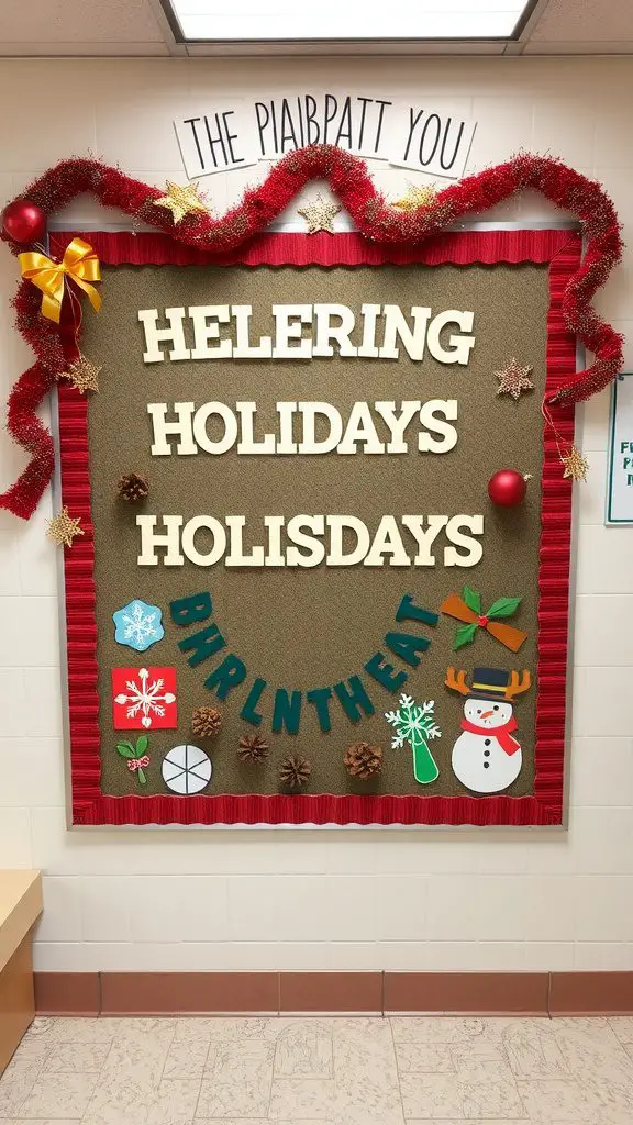Decorative bulletin board with holiday theme featuring snowman, pinecones, and colorful letters.