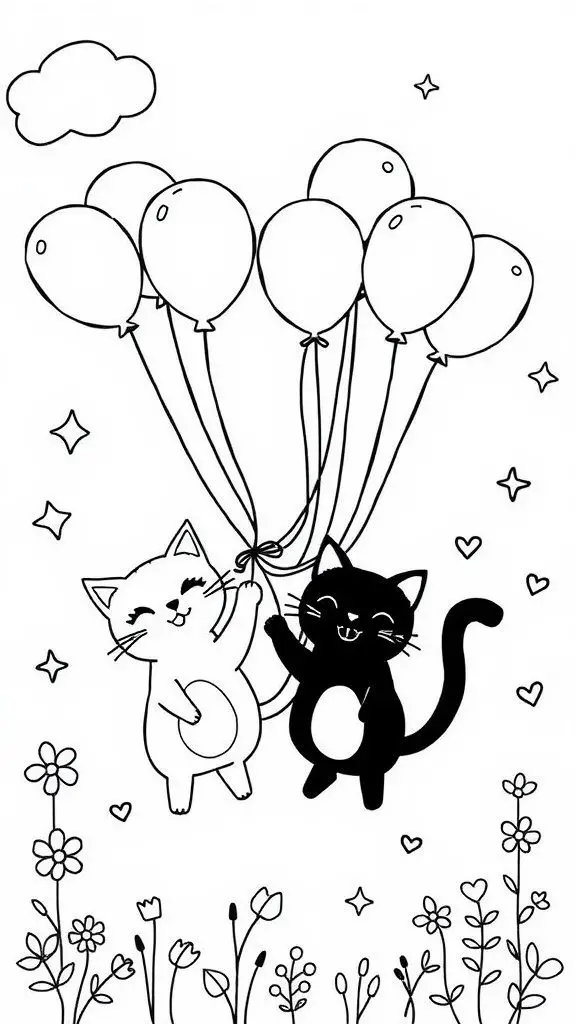 A coloring page of two cute cats holding onto a bunch of balloons, surrounded by flowers and stars.