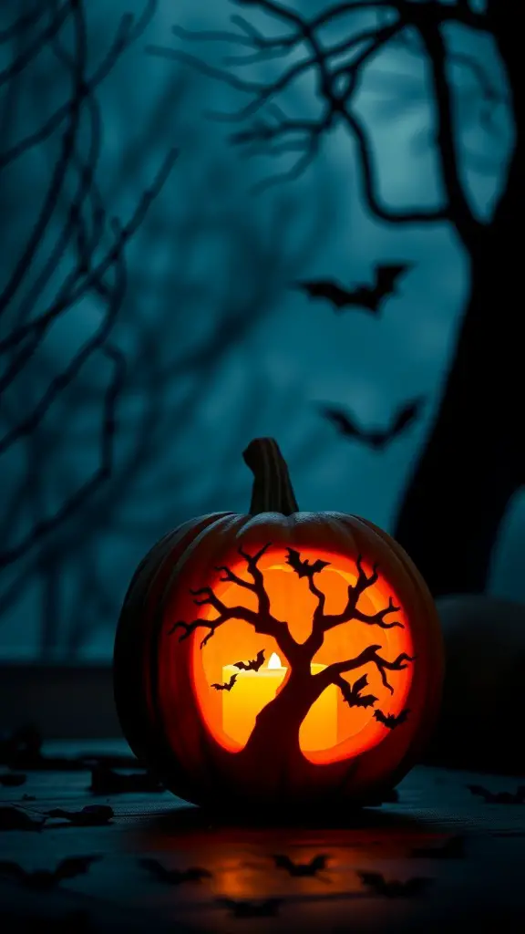 A carved pumpkin featuring a spooky tree silhouette and bats against a dark background.