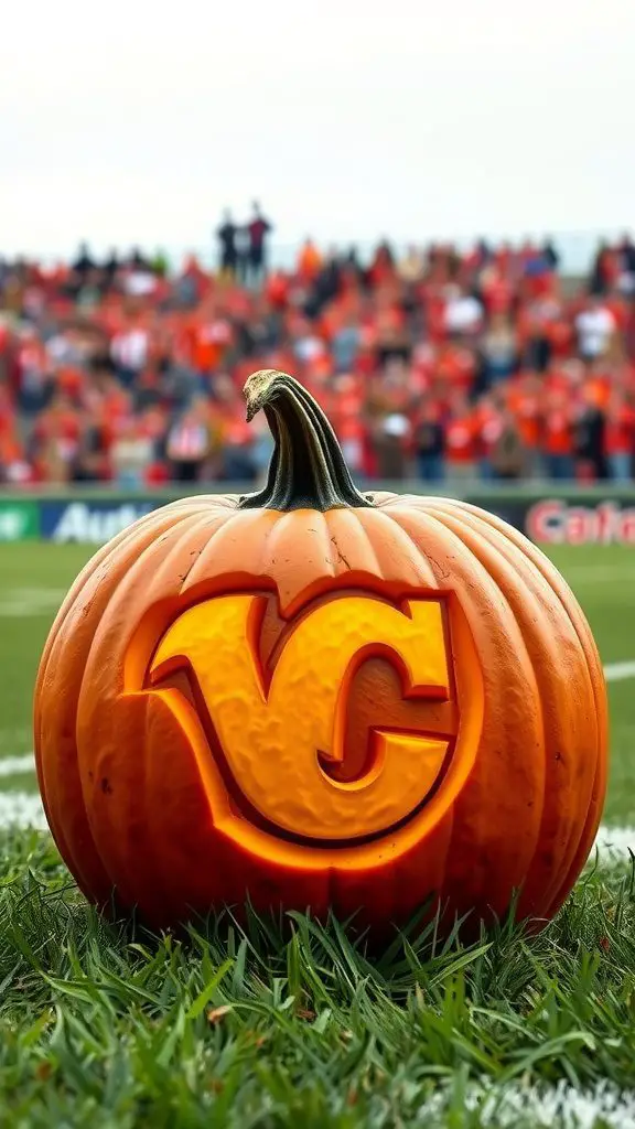 A carved pumpkin featuring a sports team emblem on a grassy field.