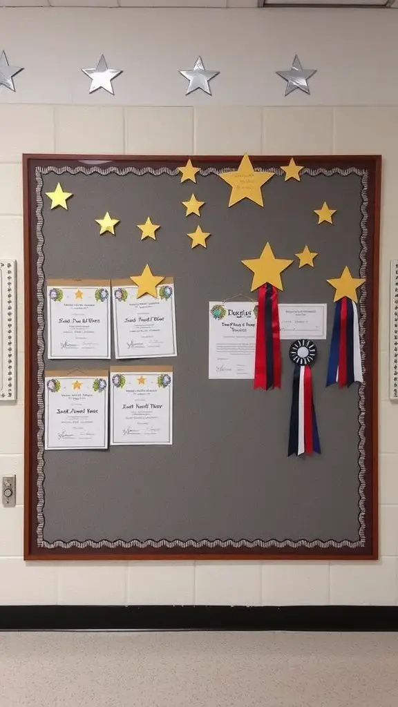 A bulletin board displaying student achievements with certificates and stars.