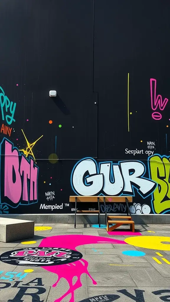 Colorful street art mural on a black wall with graffiti styles and bright splashes.