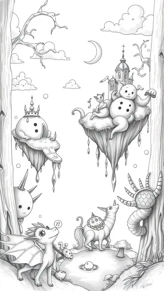 A whimsical illustration featuring floating snowmen, a fantasy world with various creatures, and surreal landscapes.