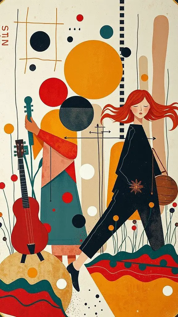 An abstract art piece featuring two figures, vibrant colors, and various geometric shapes.