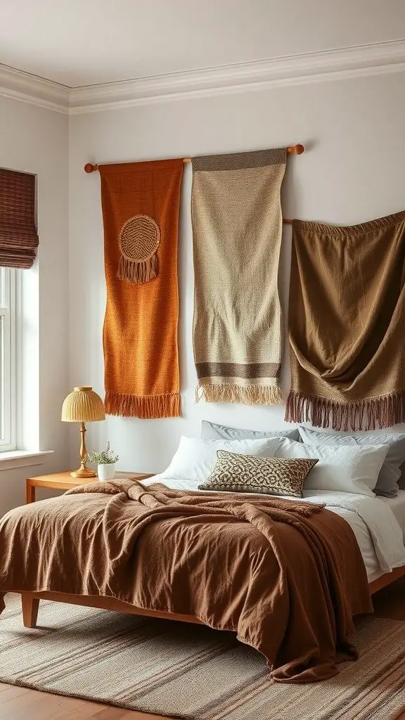 A cozy bedroom featuring textured fabric wall hangings in warm colors.