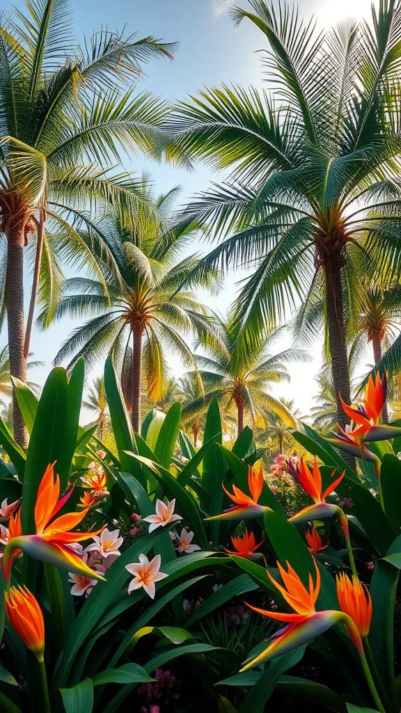 Tropical scene with palm trees and vibrant flowers