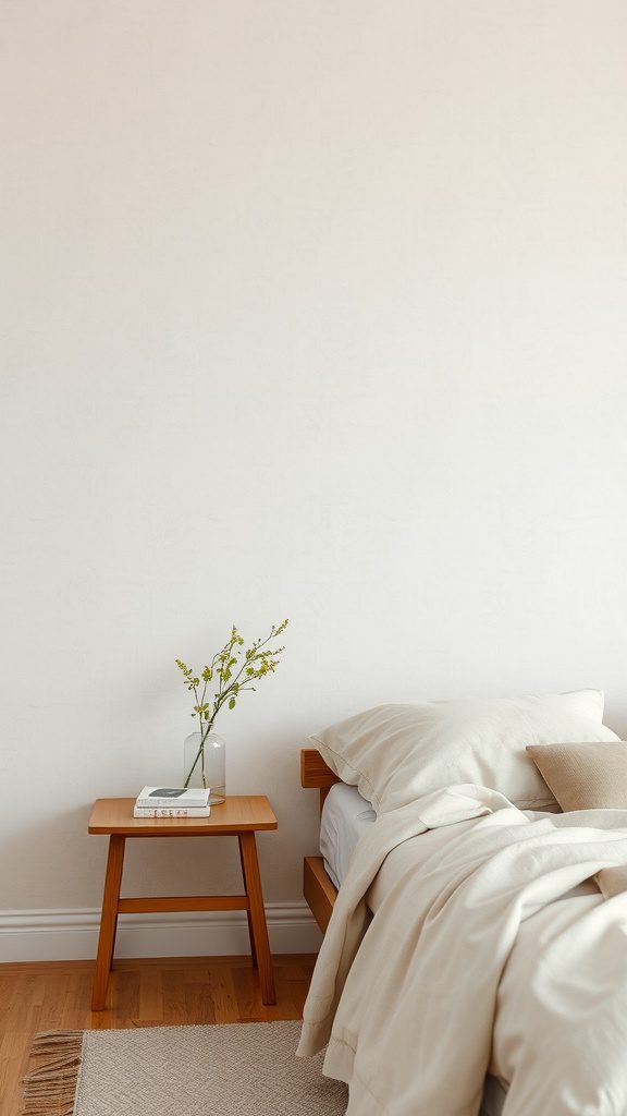 A cozy bedroom with textured linen wallpaper, a wooden bed, and a small table with a vase of flowers.