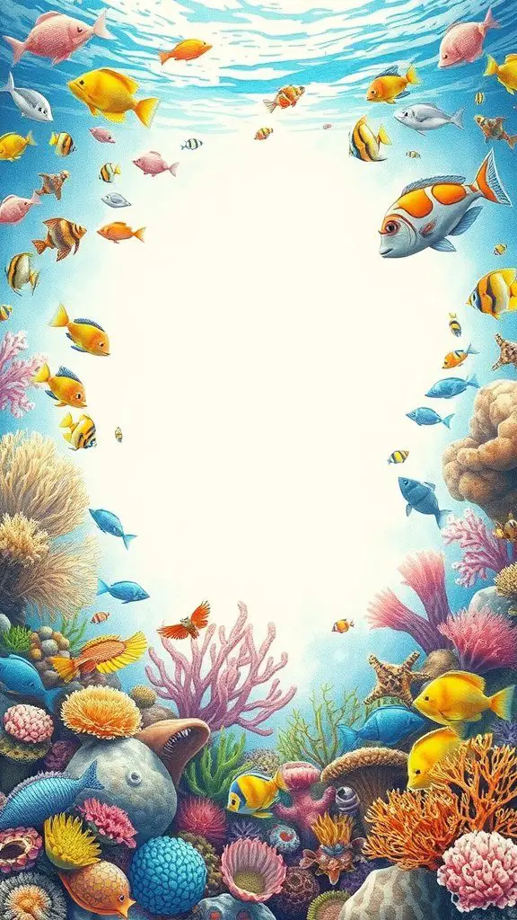 A colorful underwater scene featuring various fish and coral.