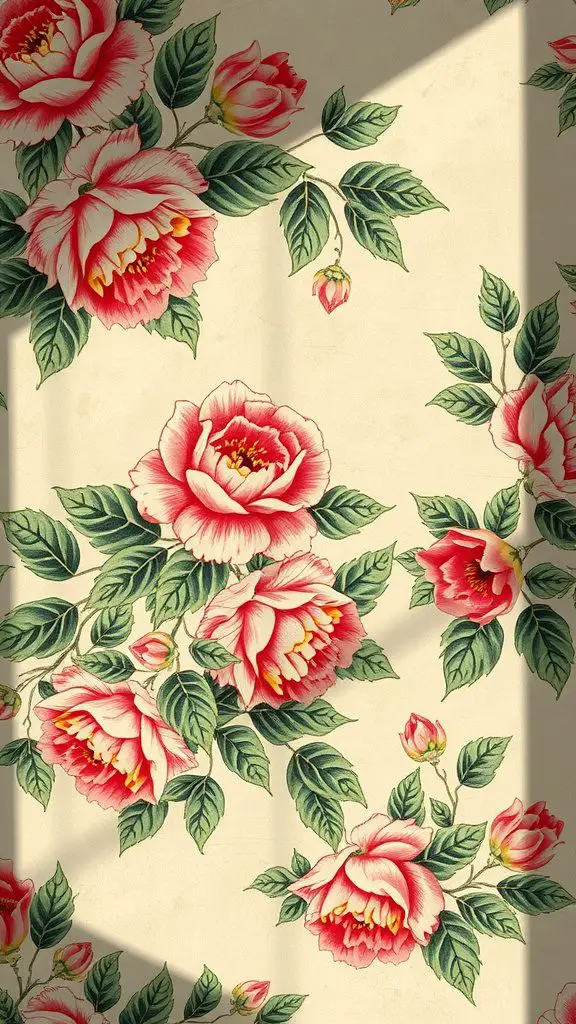 Vintage floral wallpaper featuring large pink roses and green leaves on a light background.