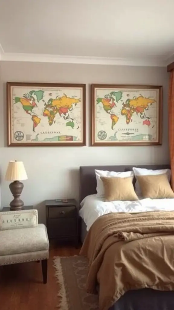 A cozy bedroom featuring vintage map art on the walls, with a warm color scheme.