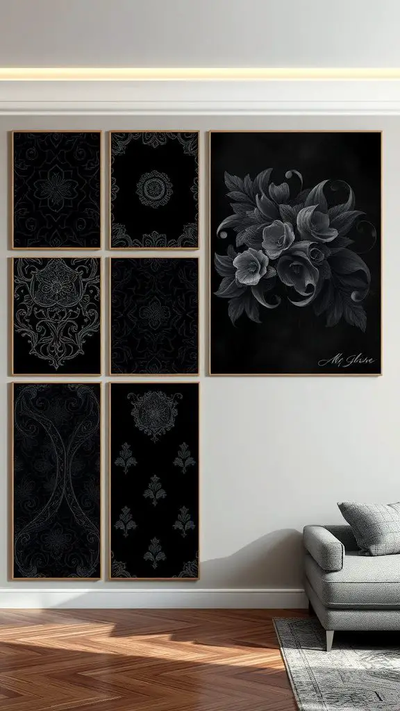 A wall displaying various dark wallpaper designs with intricate patterns.