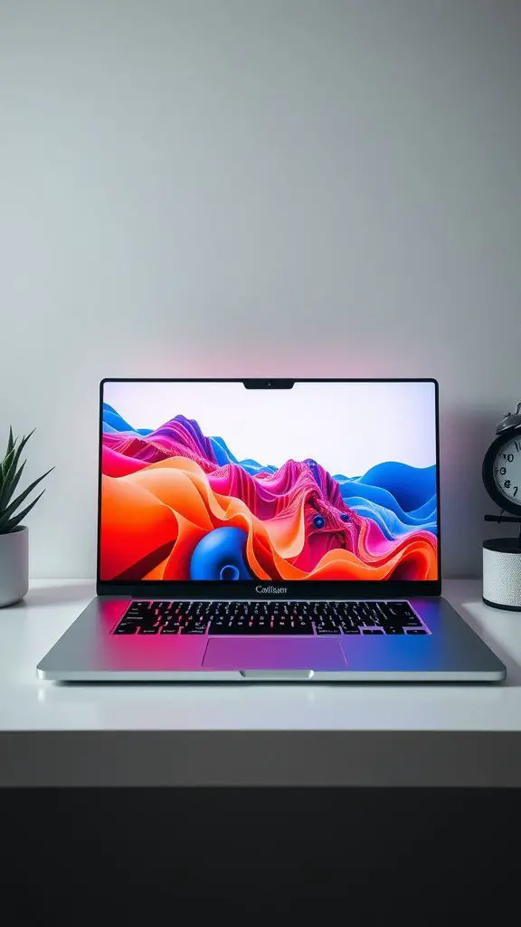 A laptop displaying a colorful abstract wallpaper on a desk with a plant and clock.