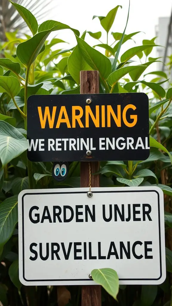 Funny garden sign warning of surveillance with playful text.