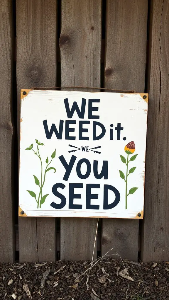 A humorous garden sign that reads 'We Weed it, You Seed' with illustrations of plants.