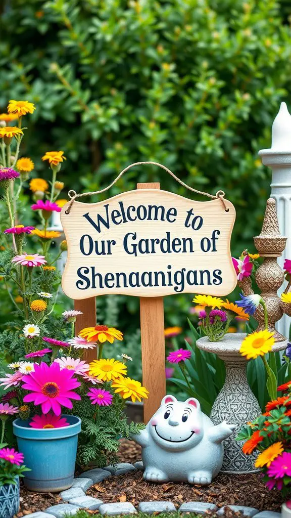 A whimsical garden sign surrounded by colorful flowers.