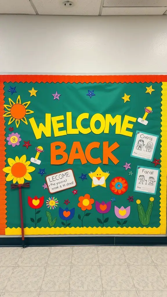 Colorful bulletin board with the text 'Welcome Back' surrounded by flowers and stars.