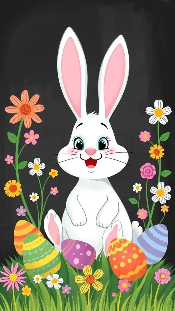 A cheerful white bunny surrounded by colorful Easter eggs and flowers on a chalkboard.