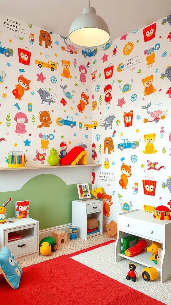 Colorful wallpaper featuring cute cartoon animals and playful designs.