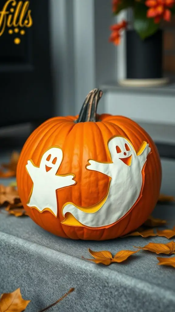 A carved pumpkin featuring playful ghost designs, perfect for Halloween decoration.