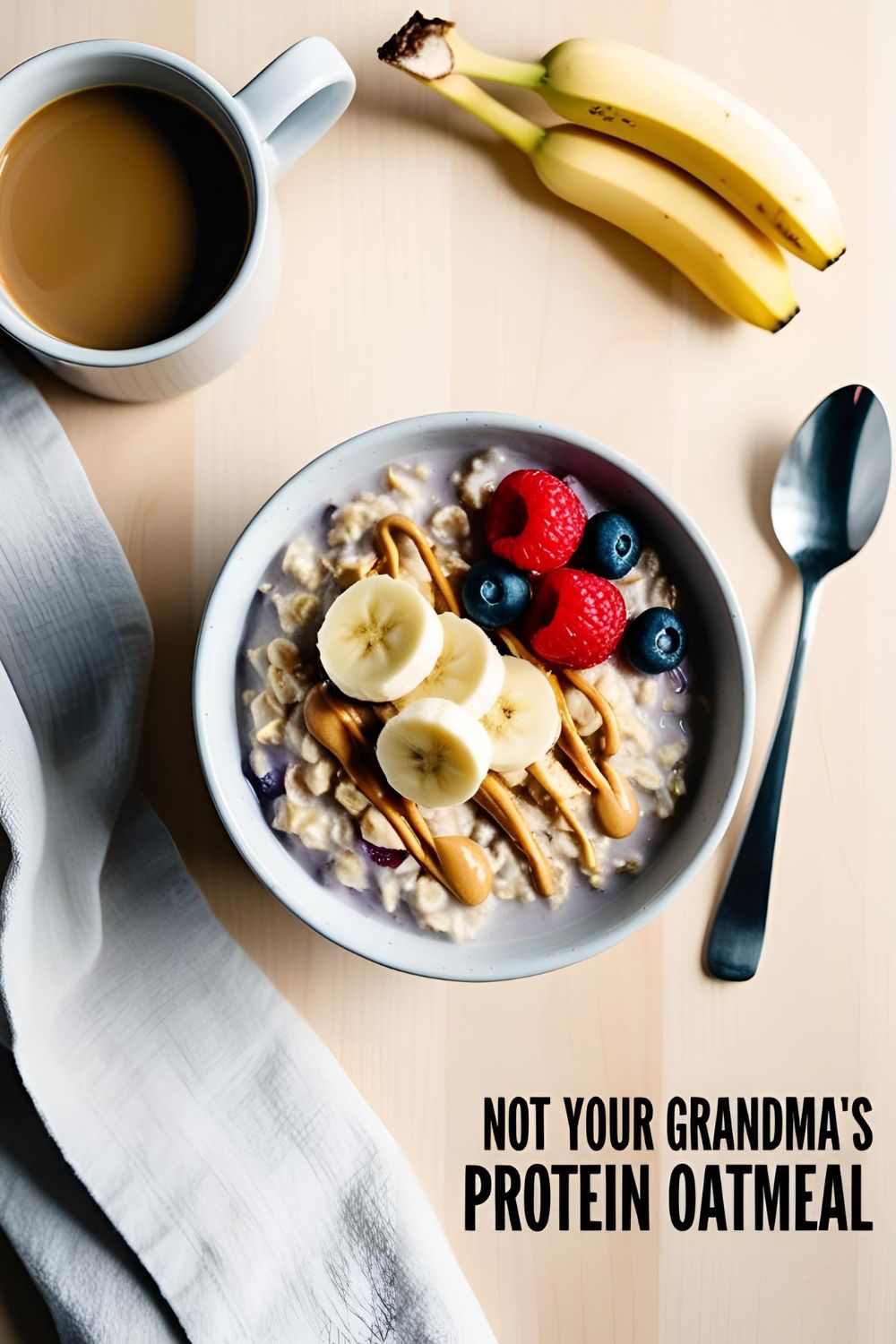 Creamy protein oatmeal topped with berries, banana slices and peanut butter drizzle in white bow