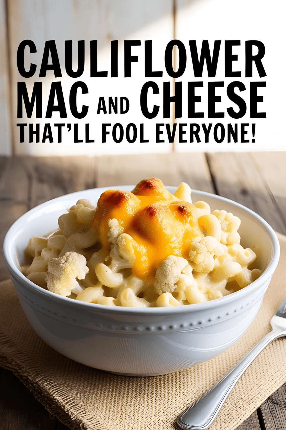 Golden baked cauliflower mac and cheese in a bowl with creamy cheese pull