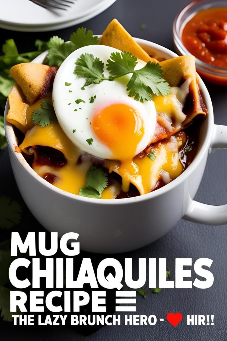 Mug chilaquiles topped with cheese, egg, and sour cream in a rustic mug – perfect 5-minute Mexican-inspired brunch.