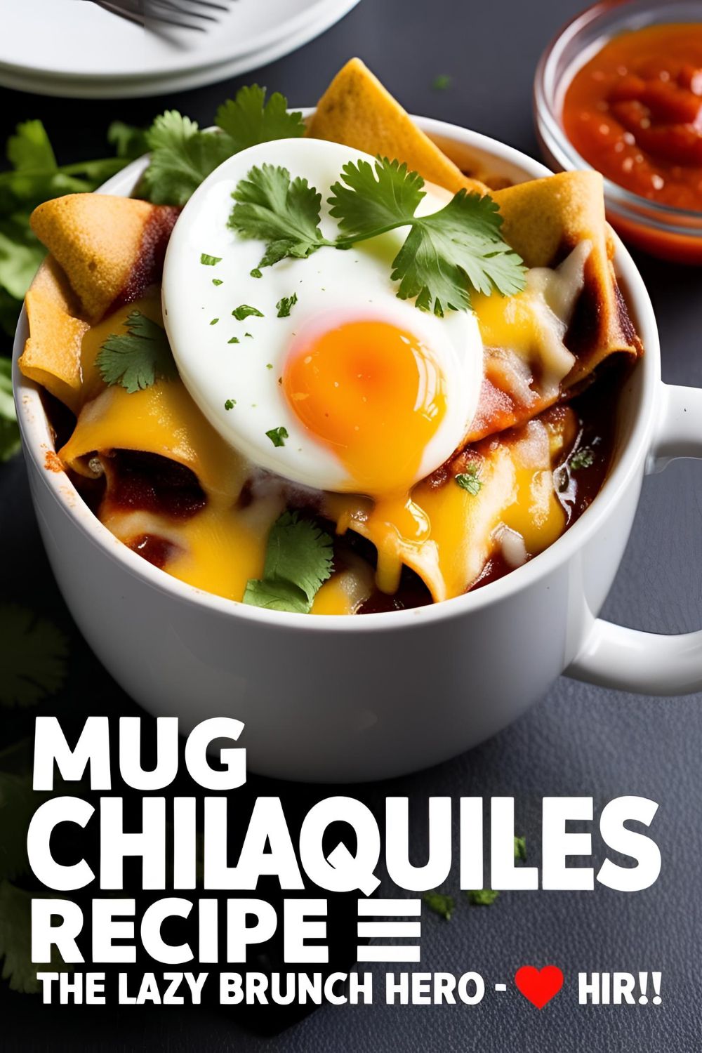 Mug chilaquiles topped with cheese, egg, and sour cream in a rustic mug – perfect 5-minute Mexican-inspired brunch.