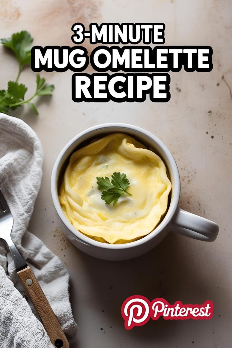 A cheesy mug omelette with veggies and herbs served in a ceramic mug, perfect for a quick healthy breakfast.