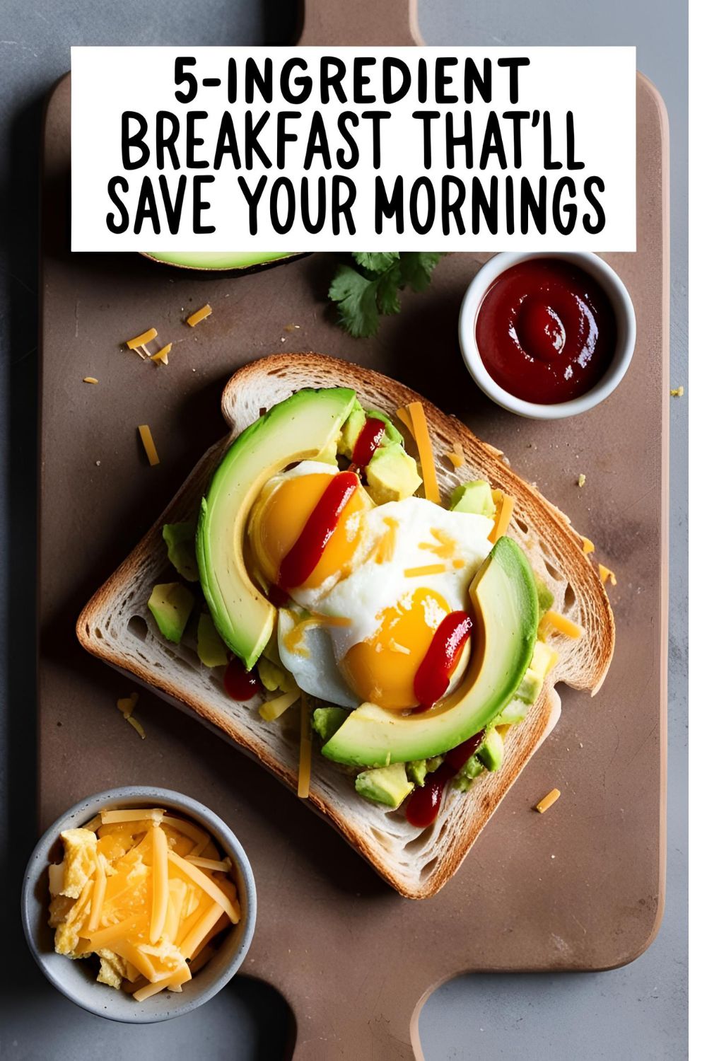 A slice of toast topped with avocado, scrambled eggs, cheese, and hot sauce—perfect 5-ingredient breakfast